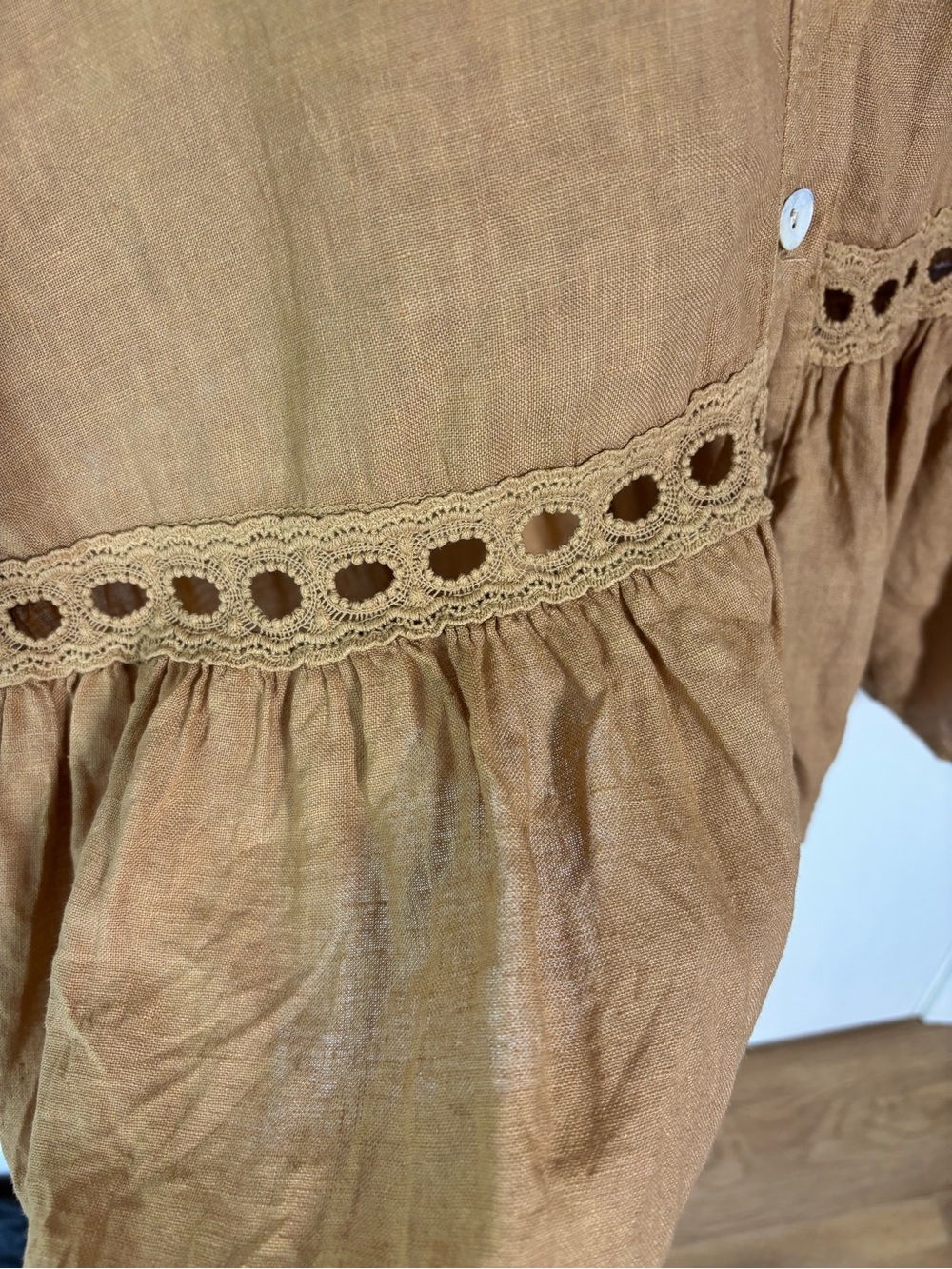 Meo Meli Italian Linen Dress M/L Camel Button Front Eyelet Trim Lagenlook Boho - Picture 4 of 10